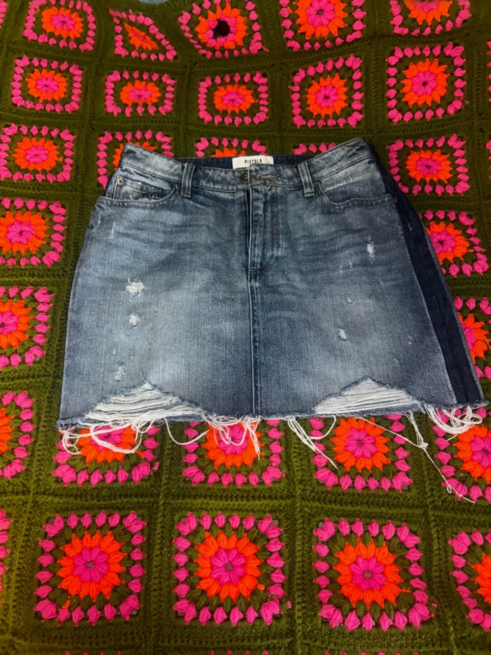 pistola Distressed Denim Mini Skirt in Medium Blue with Frayed Hem